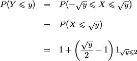 \begin{array}{lcl}
 \\ P(Y \leqslant y) &=& P(-\sqrt{y} \leqslant X \leqslant \sqrt{y})\\
 \\ &=& P(X \leqslant \sqrt{y})\\
 \\ &=& 1 + \left(\dfrac{\sqrt{y}}{2} - 1\right)1_{\sqrt{y}\leqslant 2}
 \\ \end{array}